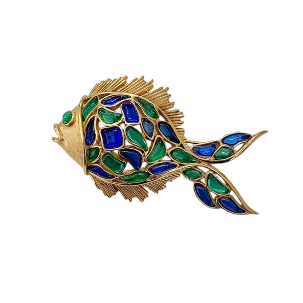 Trifari Alfred Philippe Modern Mosaic Blue & Green Fish Brooch