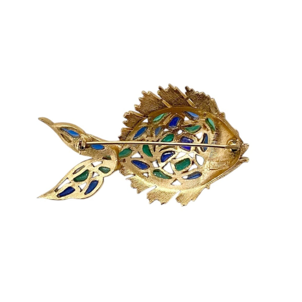 Trifari Alfred Philippe Modern Mosaic Blue & Green Fish Brooch