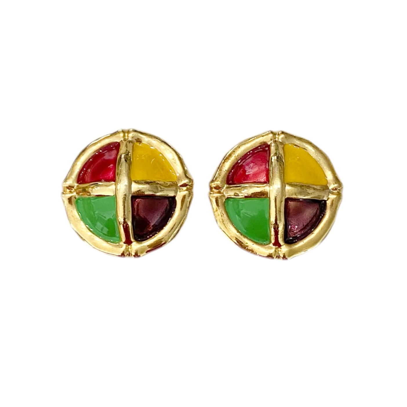 Gold Multi Colored Enamel Clip On Earrings