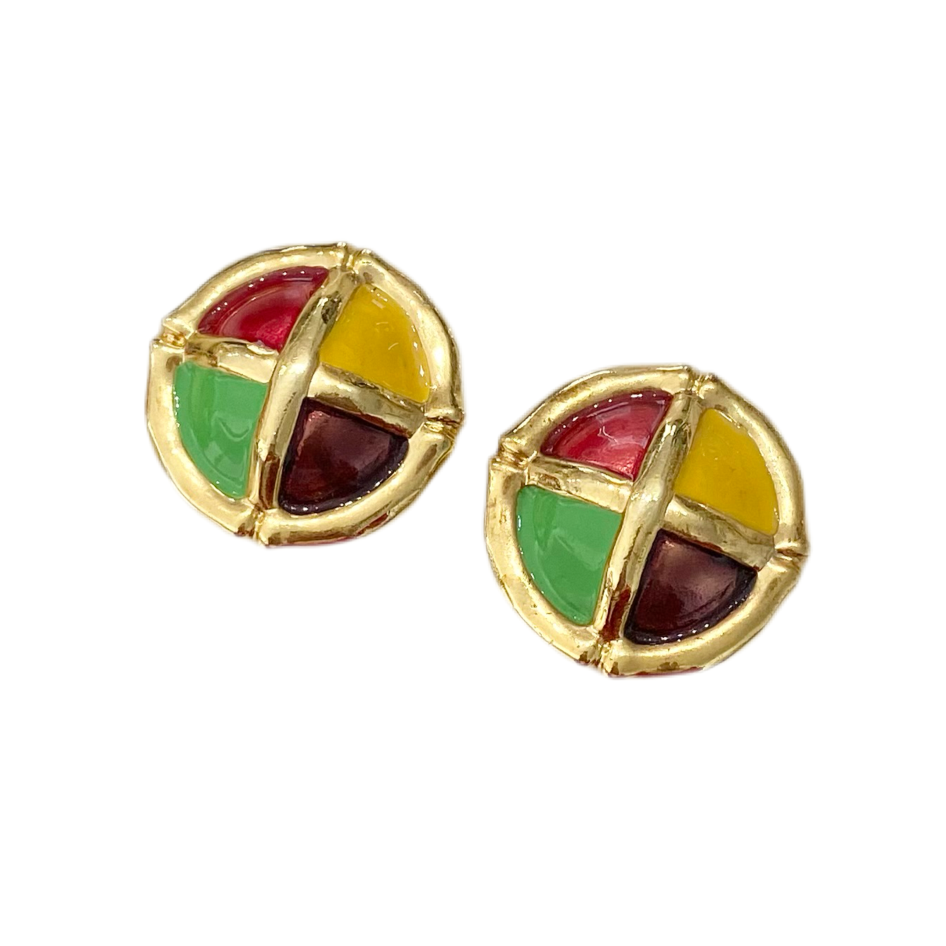 Gold Multi Colored Enamel Clip On Earrings
