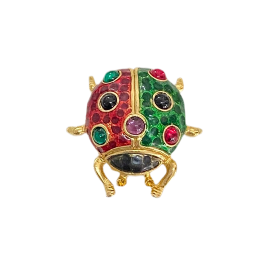 90s Color Block Rhinestone Lady Bug Brooch