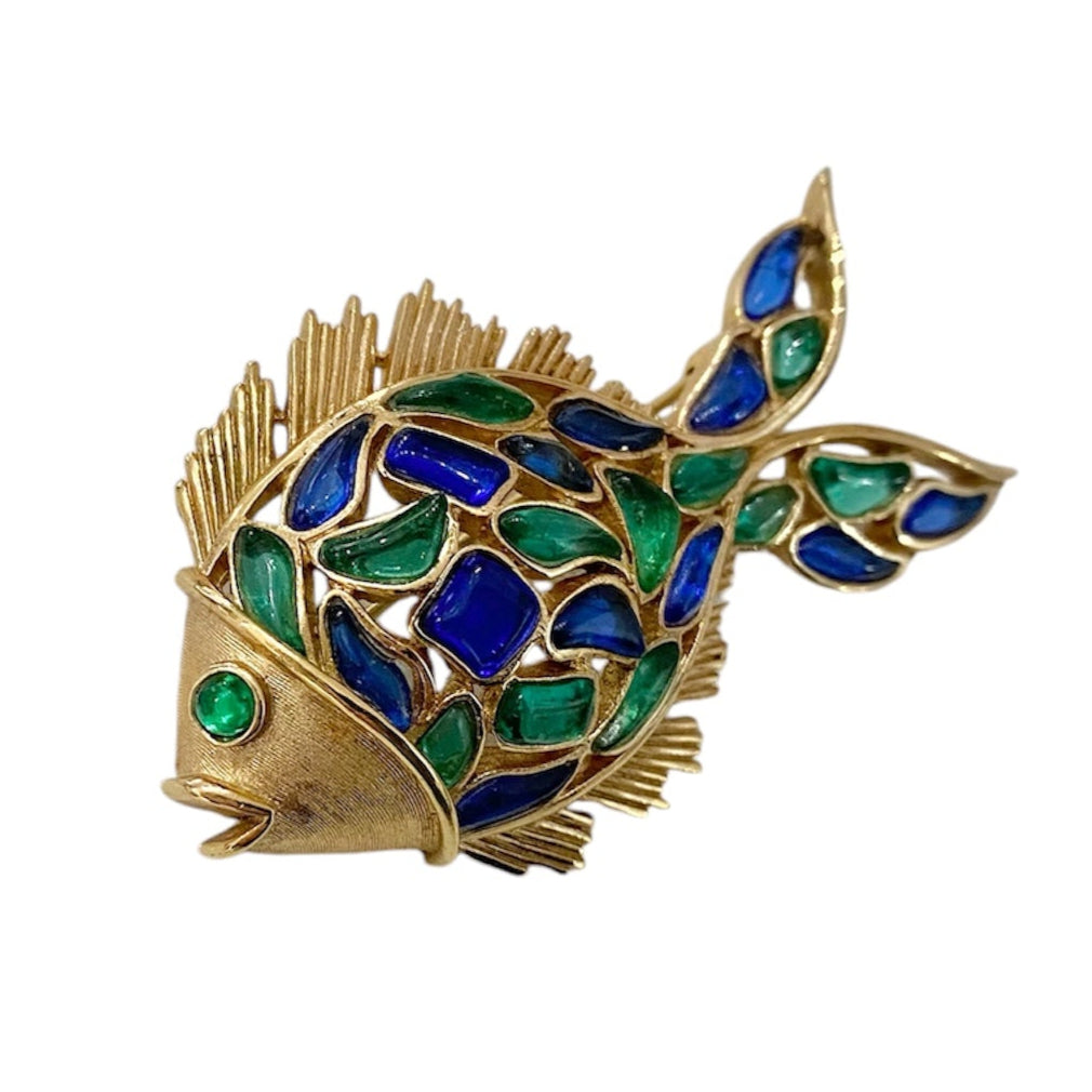 Trifari Alfred Philippe Modern Mosaic Blue & Green Fish Brooch