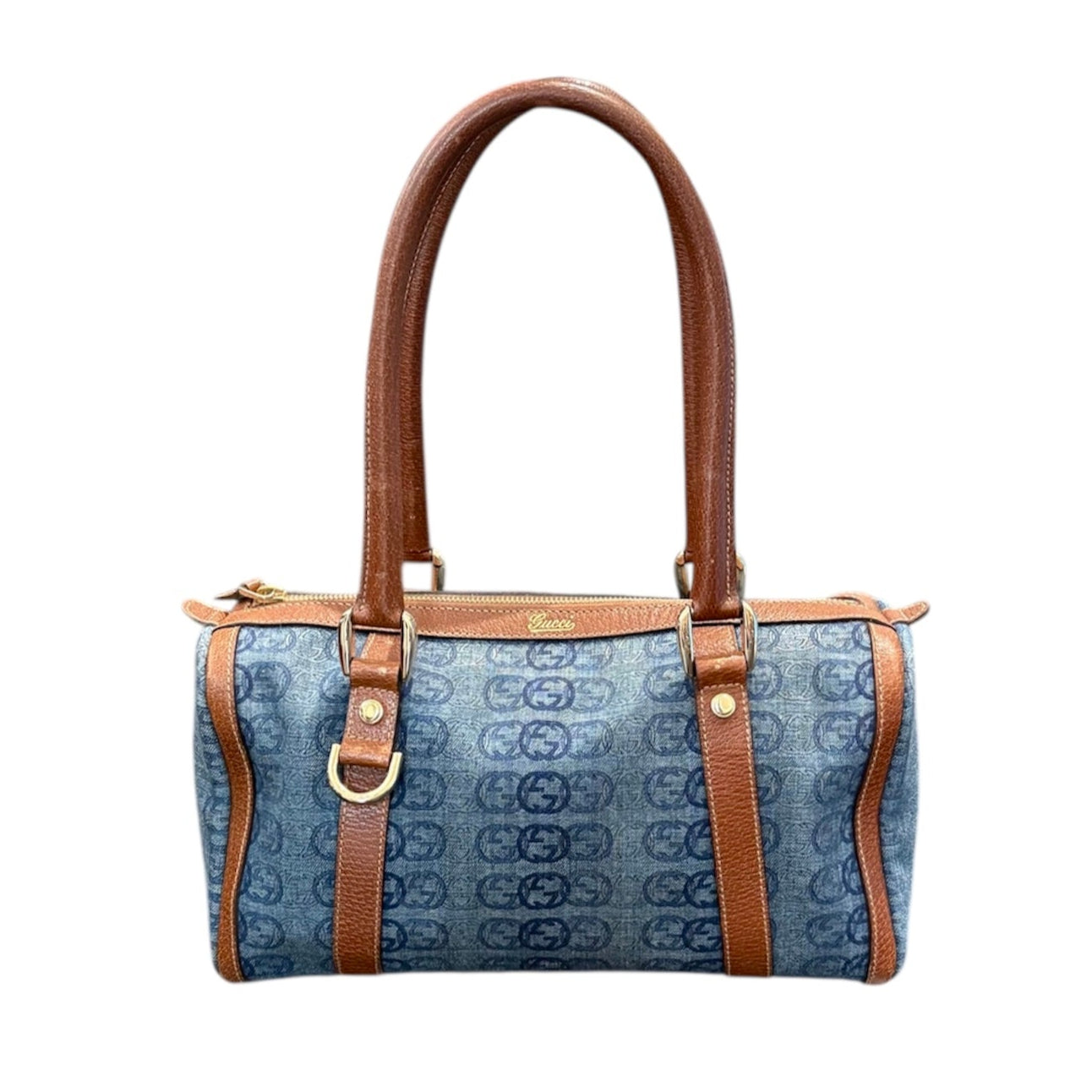 Gucci Boston Abbey Interlocking Logo Blue Denim Satchel