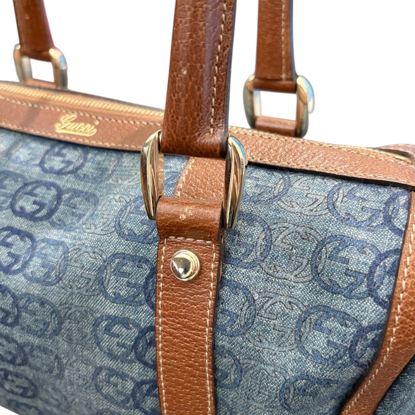 Gucci Boston Abbey Interlocking Logo Blue Denim Satchel
