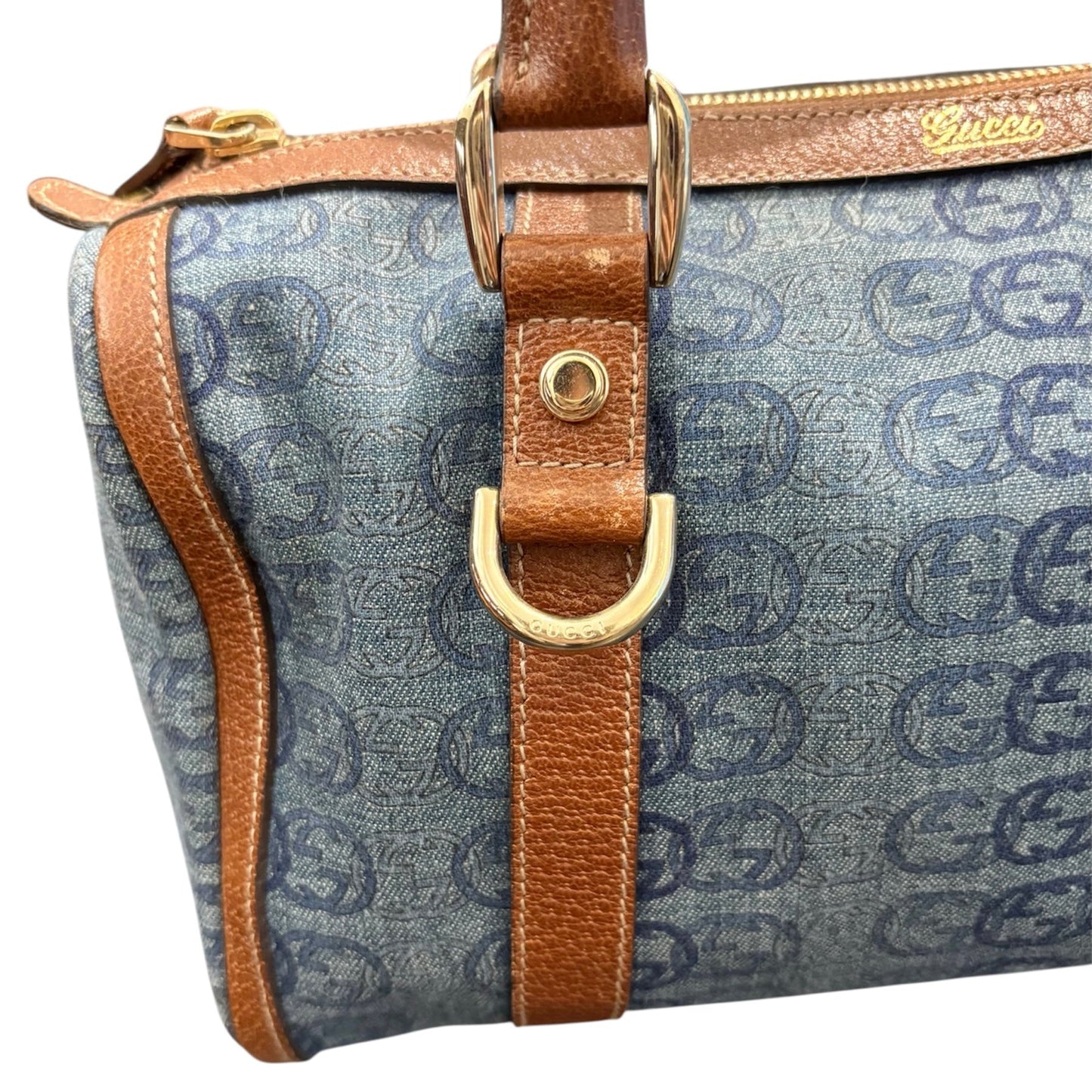 Gucci Boston Abbey Interlocking Logo Blue Denim Satchel