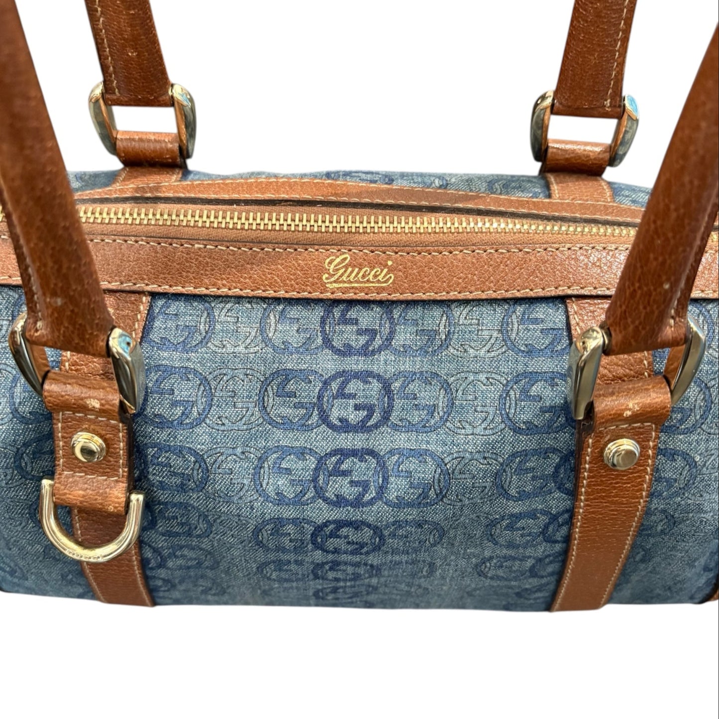 Gucci Boston Abbey Interlocking Logo Blue Denim Satchel
