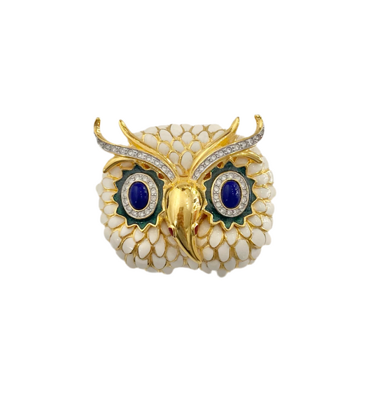 Large Enamel Owl Brooch by Kenneth J Lane