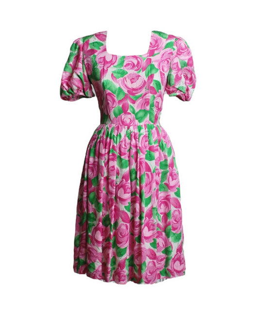 80s Pink Silk Floral Dress