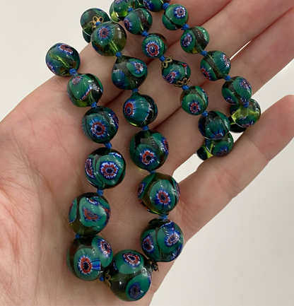 Vintage Venetian Murano Millefiori Green Glass Bead Necklace