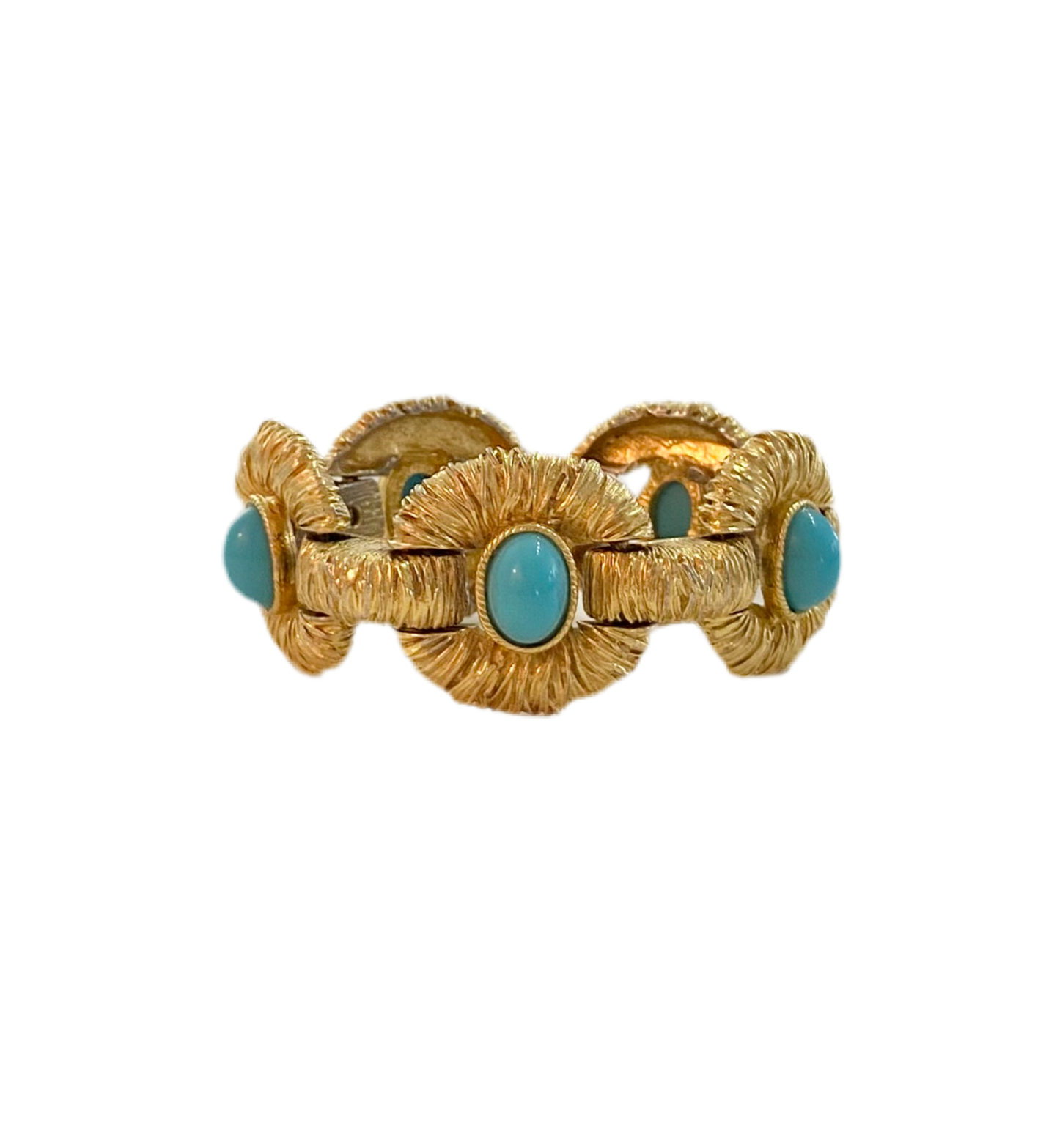 60s Textured Gold Tone Turquoise Cabochon Bracelet