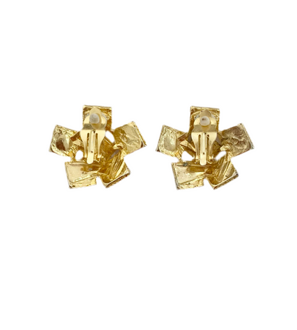 90s Gold Rhinestone Abstract Square Clip On Earrings