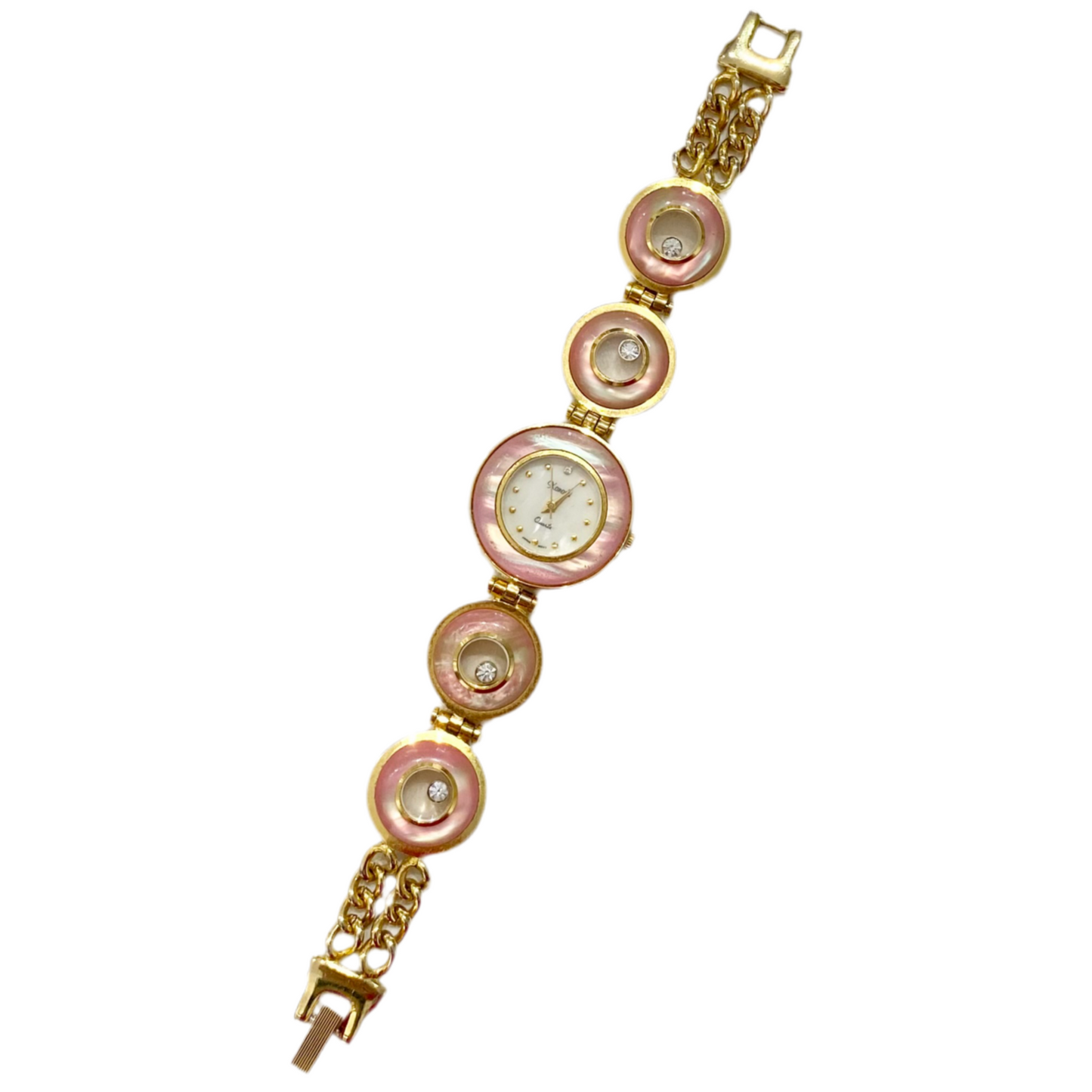 Gold-Tone Pink MOP Floating Rhinestone Watch