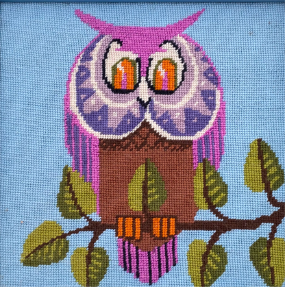 70s Owl Needle Point Wall Hanging