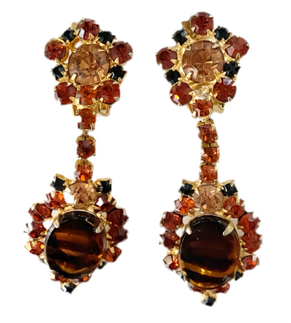 60s Amber Art Glass Rhinestone Drop Earrings by Juliana