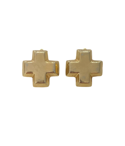 90s Gold Tone Chunky Cross Clip On Earrings