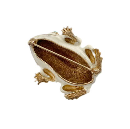 Ivory Enamel Frog Brooch Faux Emerald Accents