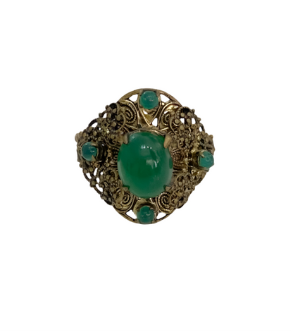 Filigree Victorian Revival Green Art Glass Ring