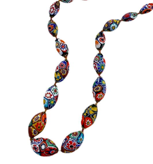 Vintage Venetian Murano Millefiori Oval Graduated Glass Bead Necklace