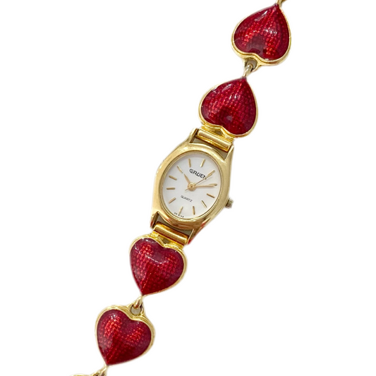 Gold-Tone Red Enamel Heart Watch by Gruen