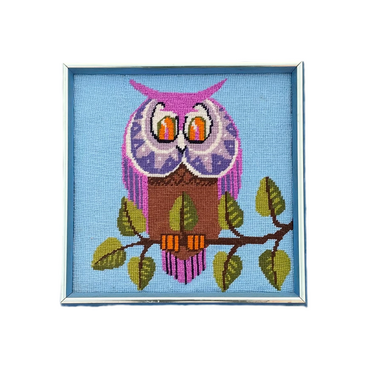 70s Owl Needle Point Wall Hanging