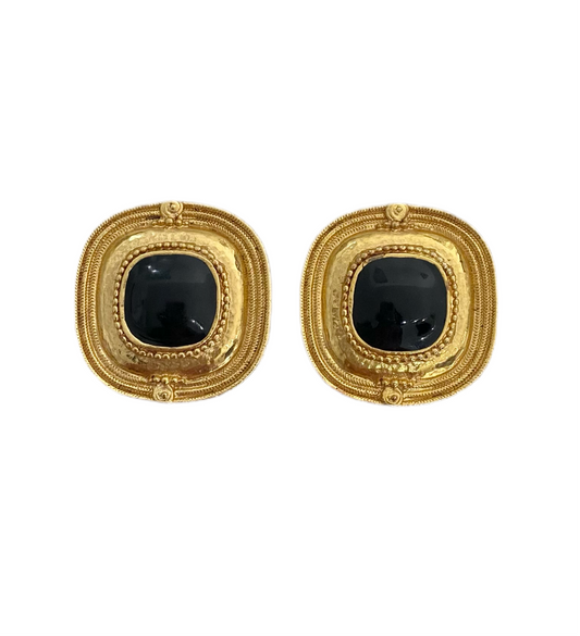 90s Gold Black Enamel Byzantine Clip On Earrings