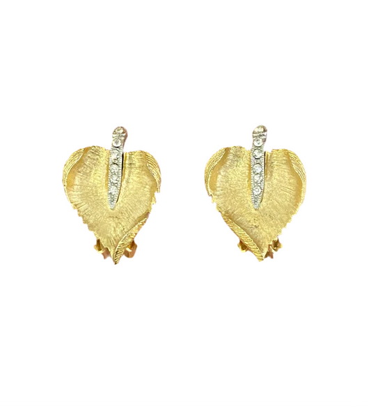 60s Gold Tone Rhinestone Leaf Earrings