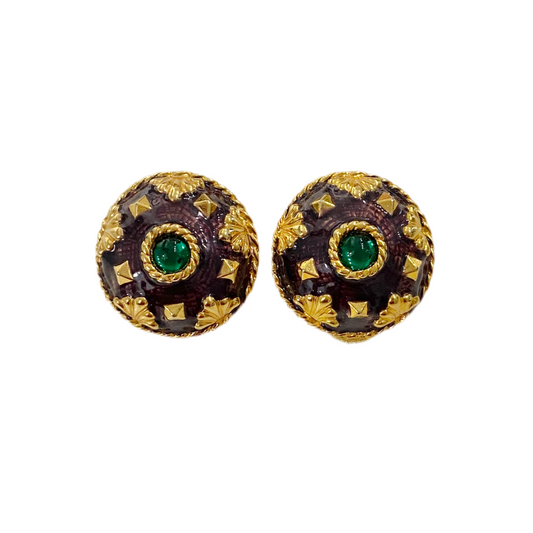 Gold Tone Byzantine Enamel Green Cab Earrings