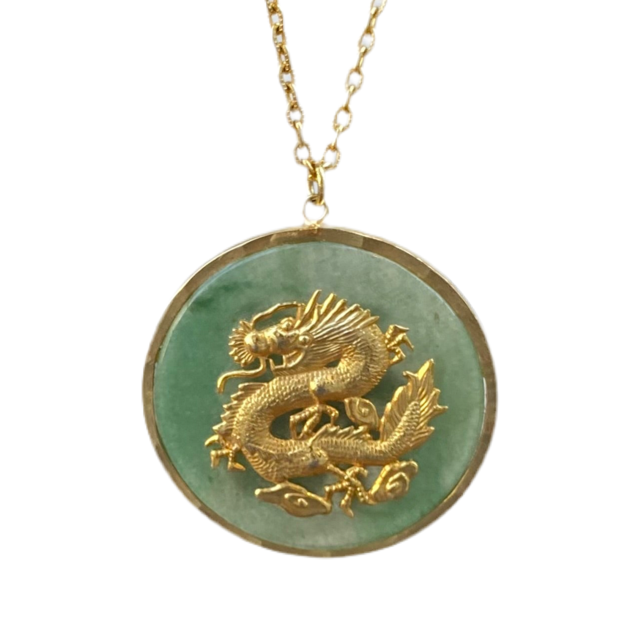 60s Gold Plated Chinese Jadite Dragon Pendant Necklace