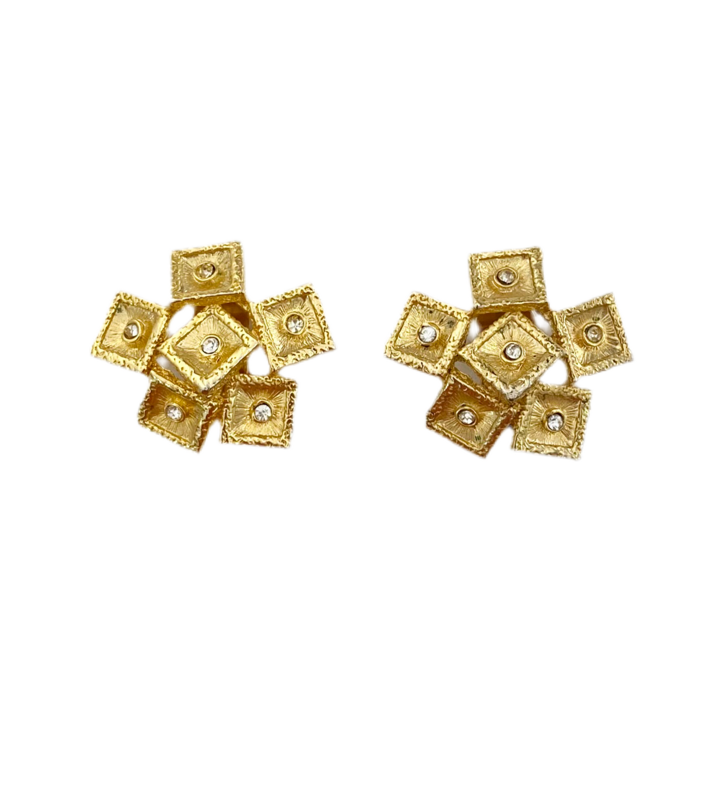 90s Gold Rhinestone Abstract Square Clip On Earrings