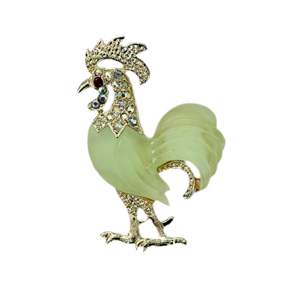 60s Green Frosted Lucite Rooster Brooch Unsigned HATTIE CARNEGIE