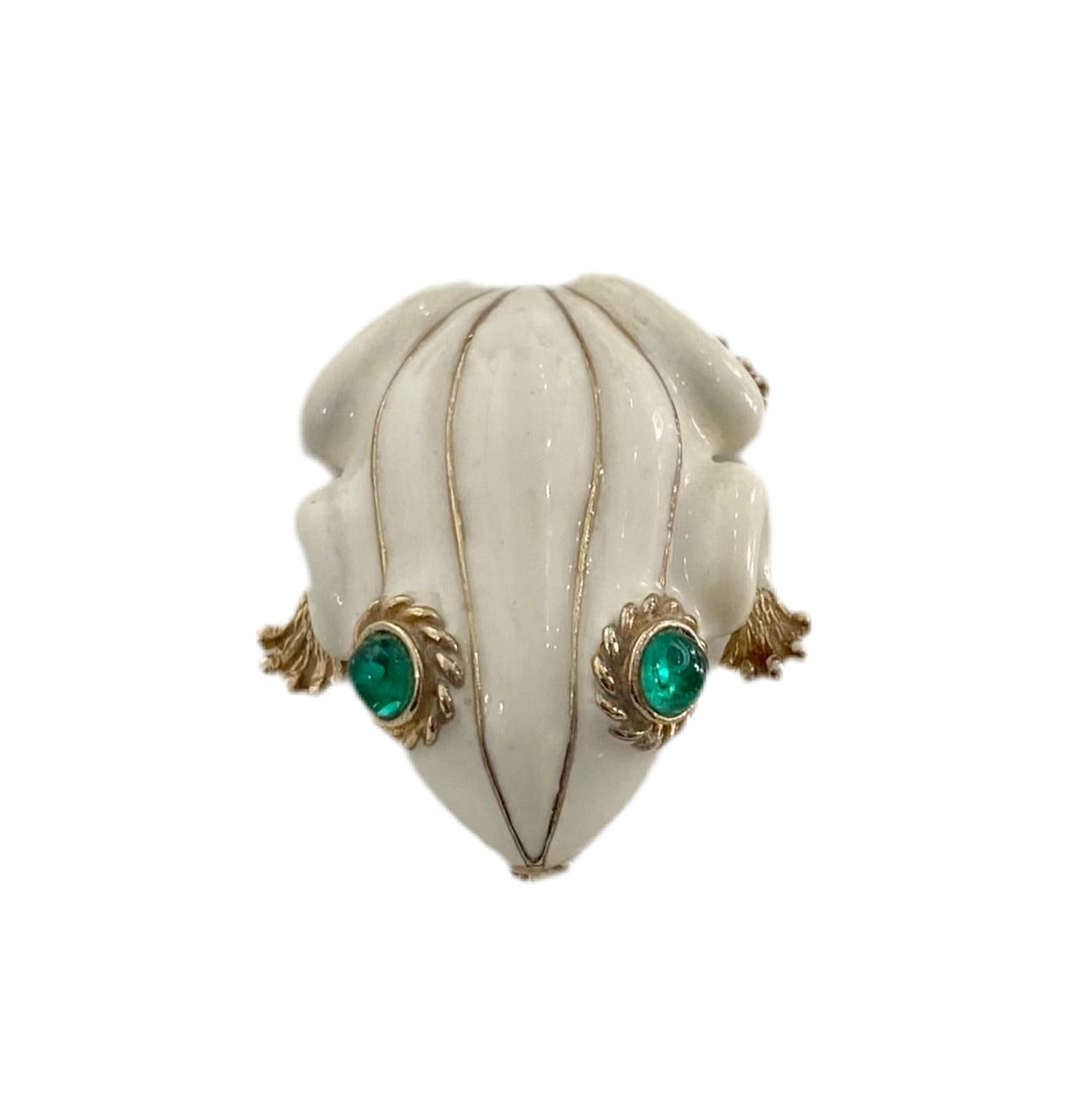 Ivory Enamel Frog Brooch Faux Emerald Accents