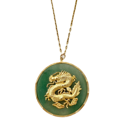 60s Gold Plated Chinese Jadite Dragon Pendant Necklace