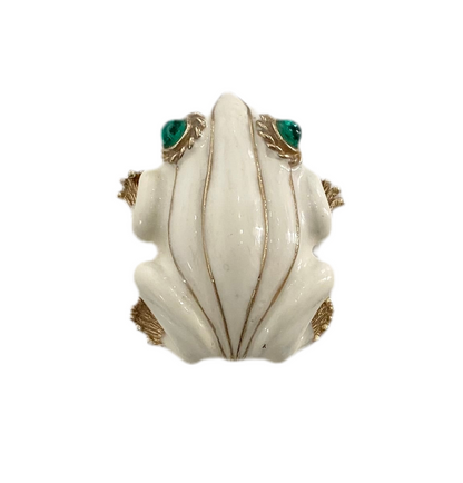 Ivory Enamel Frog Brooch Faux Emerald Accents