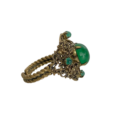 Filigree Victorian Revival Green Art Glass Ring