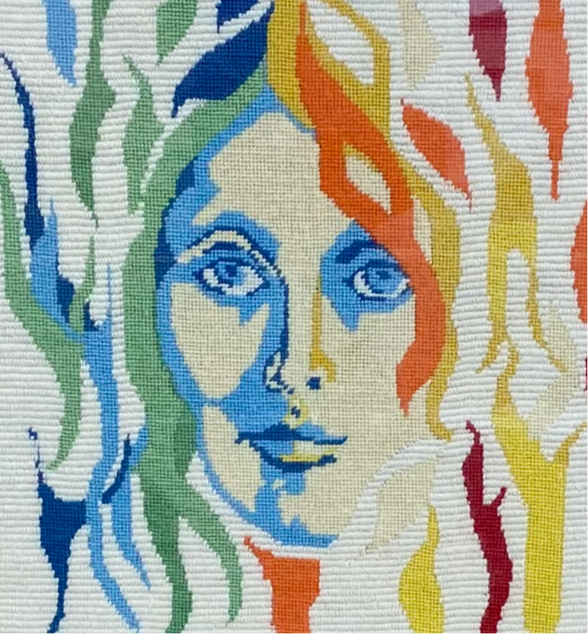 60s 70s MOD Rainbow Flame Lady Needlepoint Wall Hanging