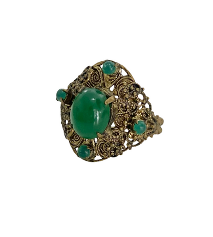 Filigree Victorian Revival Green Art Glass Ring