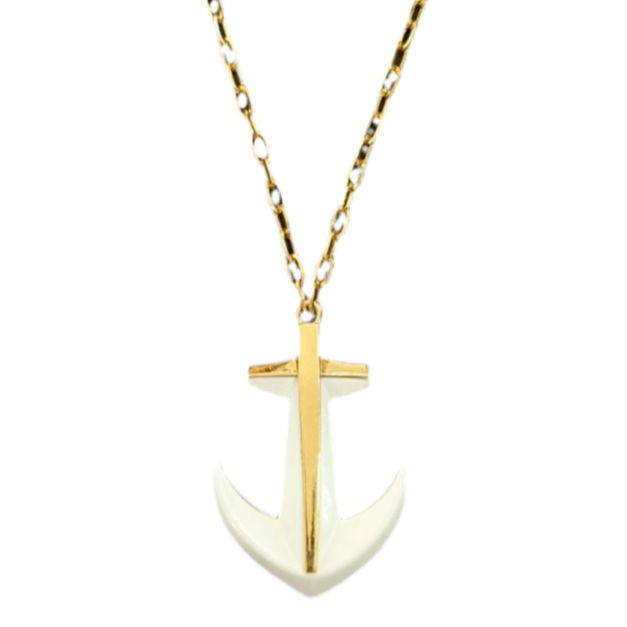 70s White & Gold Anchor Pendant Necklace by Trifari