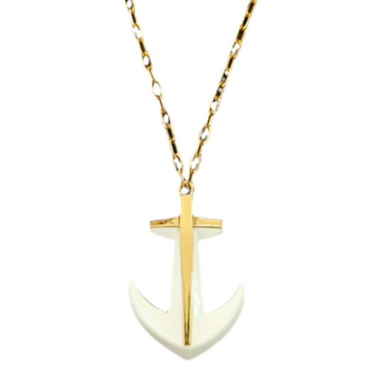 70s White & Gold Anchor Pendant Necklace by Trifari