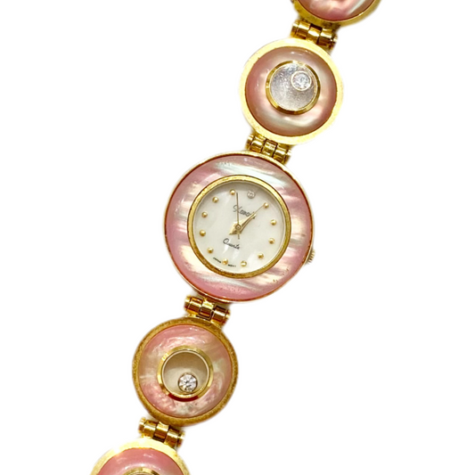 Gold-Tone Pink MOP Floating Rhinestone Watch