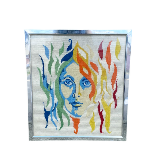 60s 70s MOD Rainbow Flame Lady Needlepoint Wall Hanging