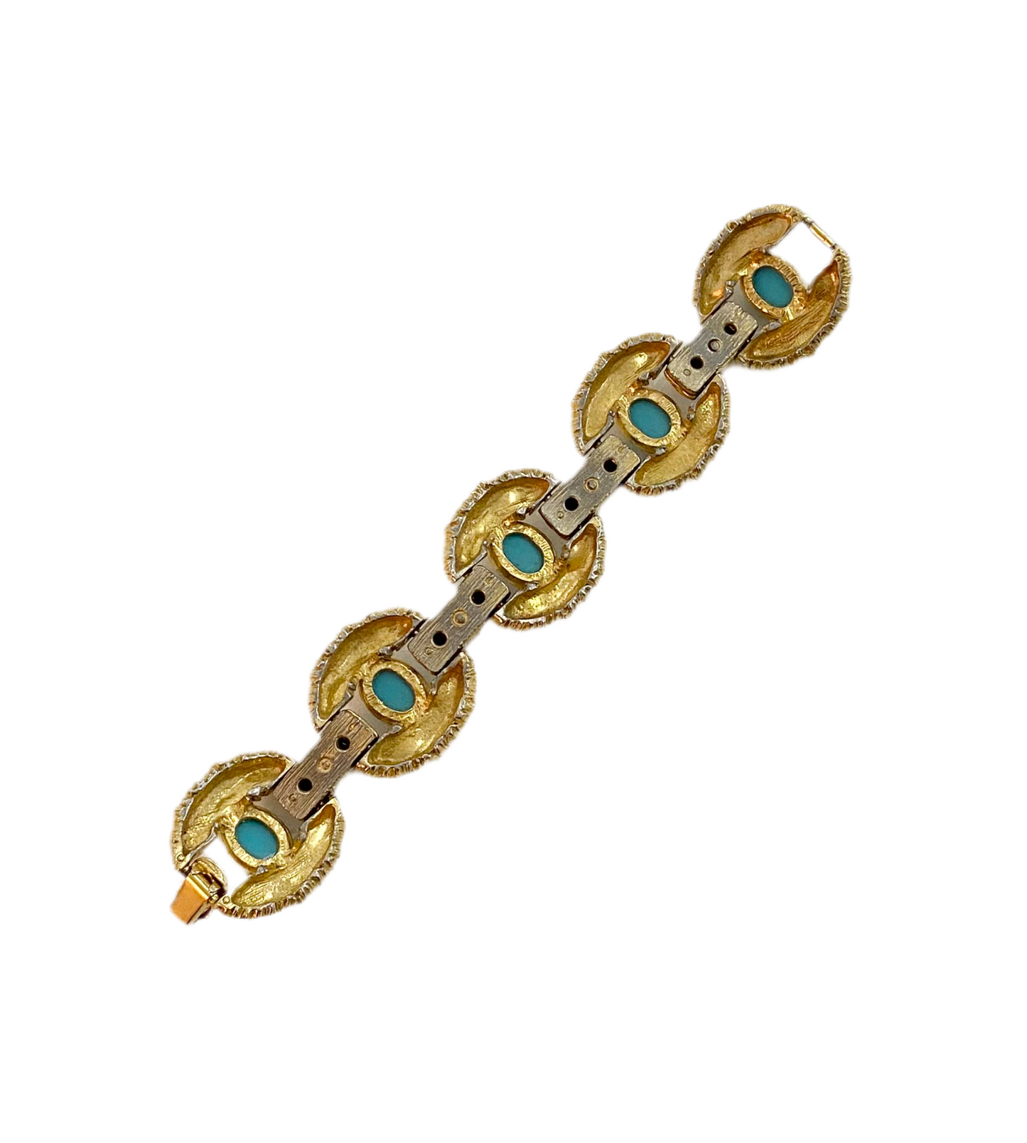 60s Textured Gold Tone Turquoise Cabochon Bracelet