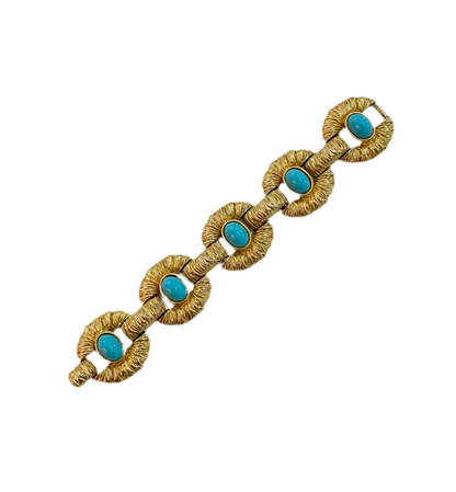 60s Textured Gold Tone Turquoise Cabochon Bracelet