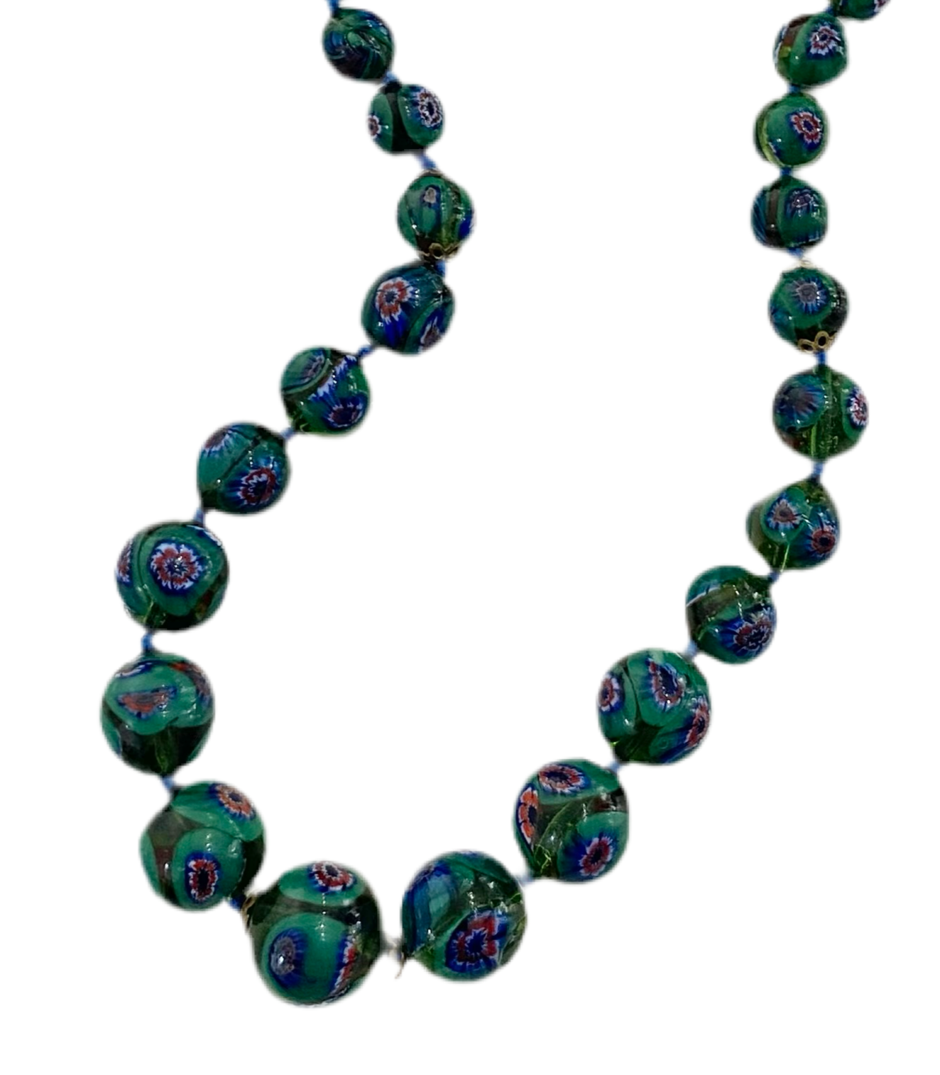 Vintage Venetian Murano Millefiori Green Glass Bead Necklace