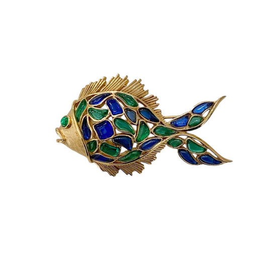 Trifari Alfred Philippe Modern Mosaic Blue & Green Fish Brooch